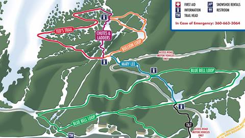An snowshoe trail map showing various routes and loops at Crystal Mountain Resort