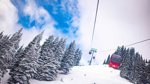red gondola ride climbing crystal mountain with snow covered trees and vibrant winter sky