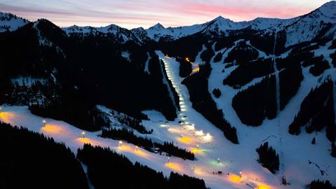 Drone photo of night skiing at Crystal