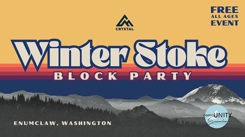 Winter Stoke Block Party promotion material with neon colors as background and retro font. 