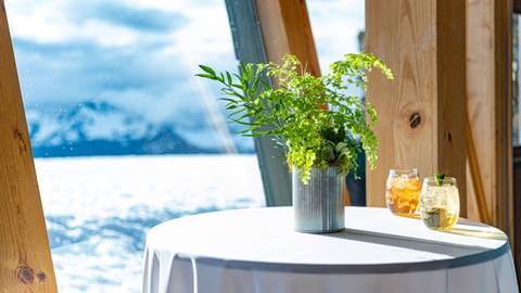 Picture of a vase filled with a green plant on a table with a white table cloth next to two glasses filled with a cocktail of some sort. In the background, a view of Mt. Rainier. 