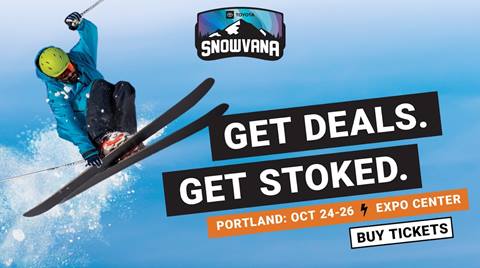 Skier flies through the air with promotional text underneath detailing Snowvana Portland's date and location. 