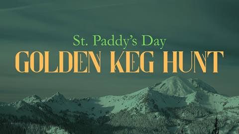 Event graphic for the St. Paddy's Day Golden Keg Hunt at Crystal Mountain Resort