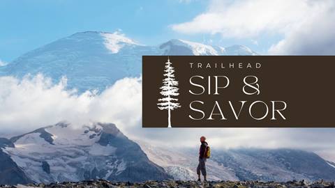 Sip and Savor Event Promo poster with lone hiker at the top of a mountain. 