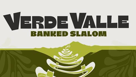 Event poster with green lettering and zigzagging ski tracks. 