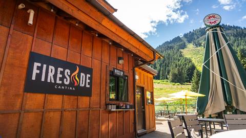 Close up shot of Fireside Cantina with Crystal Mountain in the background. 