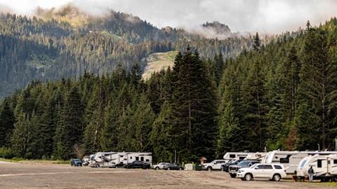 Picture of RV park and Crystal Mountain in the background. 