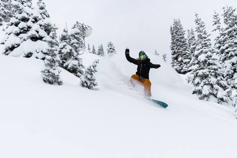 Snowboarder with dark jacket and light pants weaves through trees on a powder run.