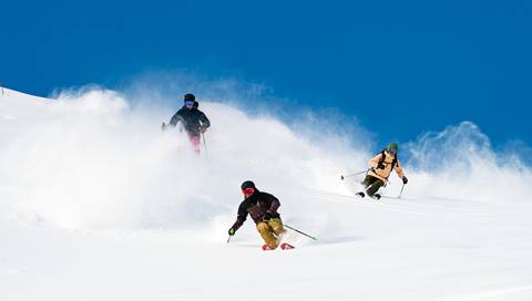 Group of skiers in fresh powder getting first tracks 