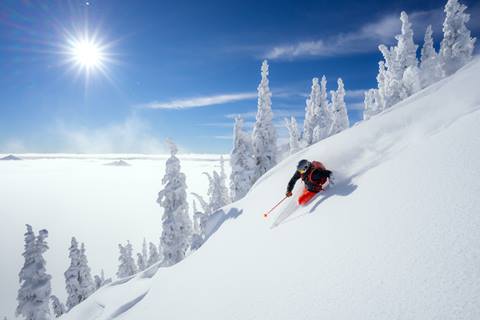 Lonesome skier on an untouched powder run with the sun shining in the background. 